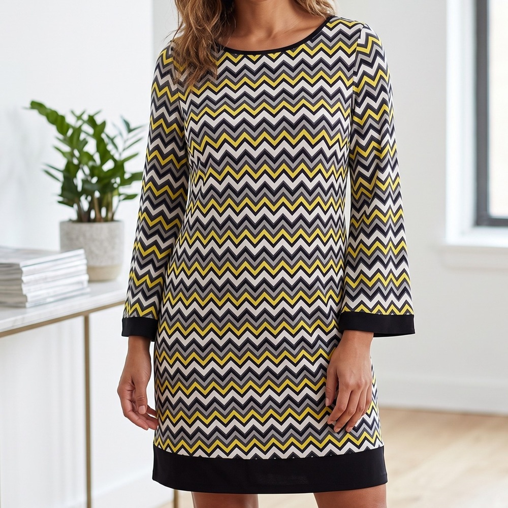 Emma & Michele Yellow Black Chevron Bell Sleeve Shift Dress 20035 Womens Size M